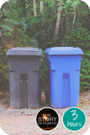 two trash cans side by side, one black and one blue.