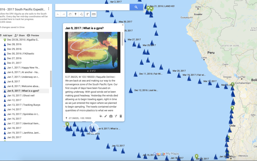 Screenshot of a google map showing the daily waypoints of the Oceanographic Research Vessel Alguita during the 6 month voyage through the South Pacific Ocean in 2016 and 2017