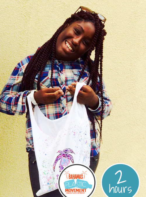 Project image card - click to select this 2 hour project. Image shows a young girl holds up a reusable bag that she made out of an old tshirt.