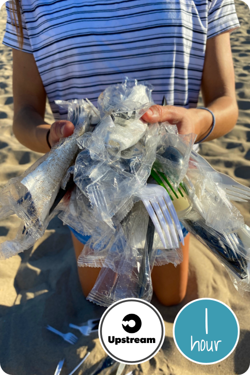 Project image card - click to select this 1 hour project. Image shows a person holding plastic utensil packets found on the beach