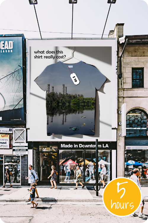 Project image card - click to select this 5 hour project. Image shows an advertisement above store shows tshirt with $10 price tag and image of polluted water and factory printed on it. Text says "What does the shirt really cost?"