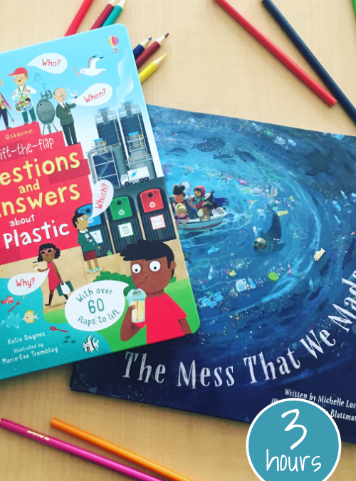 Project image card - click to select this 3 hour project. Image shows two kids books about plastic pollution.