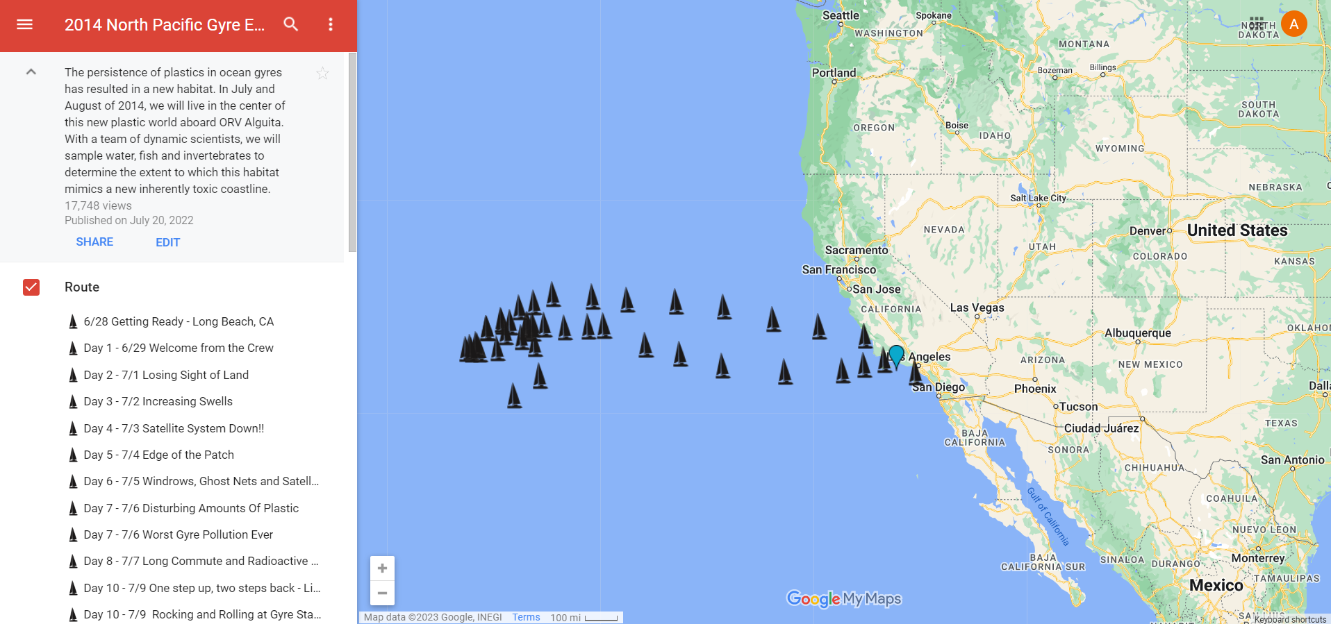Screenshot of a google map showing the Alguita's 2014 North Pacific Expedition route. Click to explore.