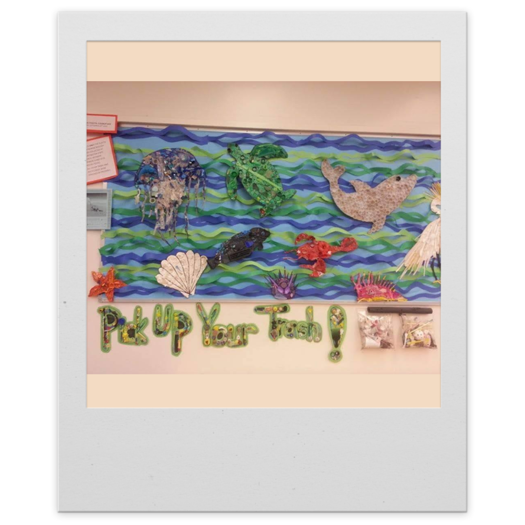 School educational mural made of plastic debris art