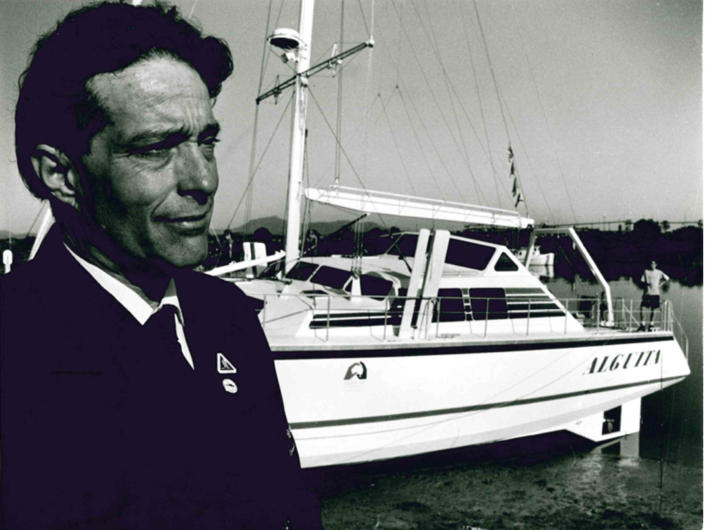 Captain Moore in front of the ORV Alguita in black and white