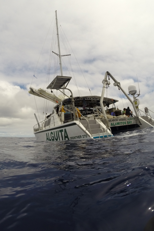 A view of the stern of research vessel Alguita from the water.