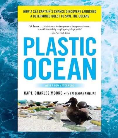 Plastic Ocean book with waves behind it