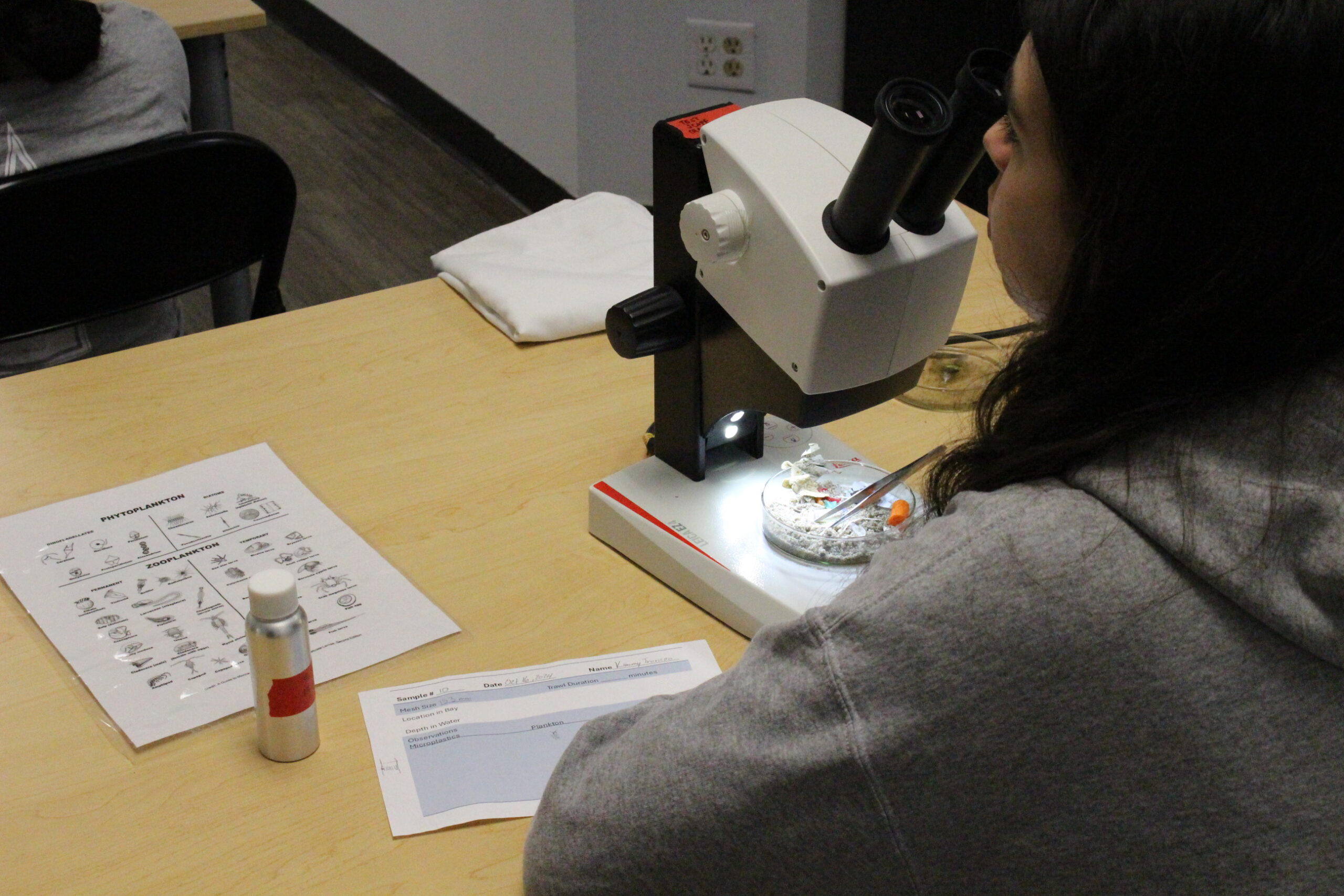 Student analyzing a water sample with a microscope.