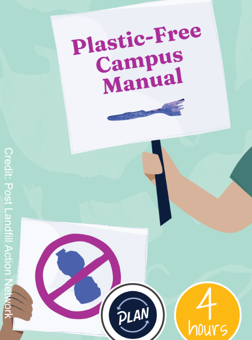 Action Image Card - click to select this 4 hour project. Image is cover of Plastic Free Campus Manual. Action created with Partner and Photo Credit: Post Landfill Action Network